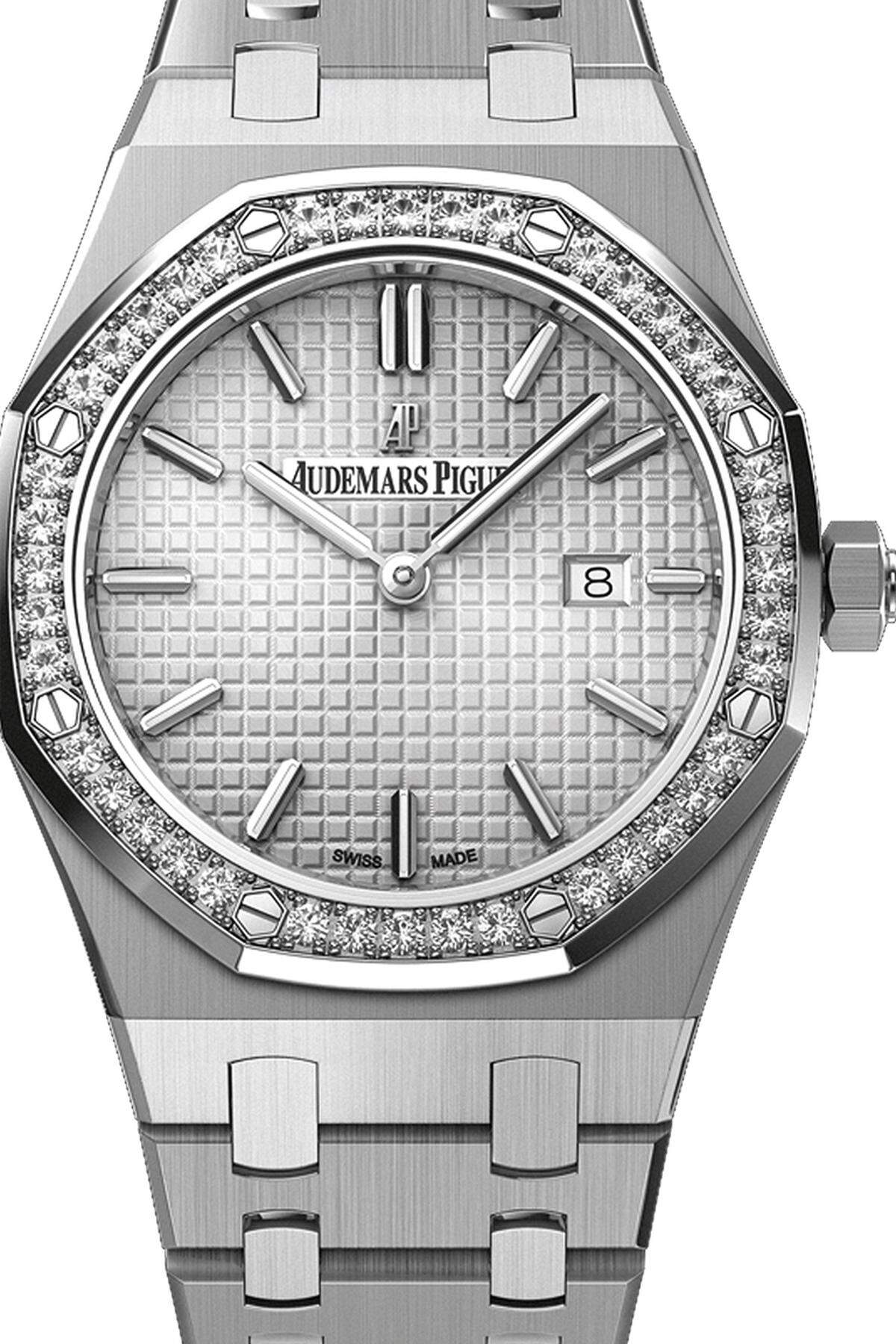 Audemars Piguet „Royal Oak Ladies“: Die Uhrenlegende feiert ihren 40er. Diese 33 mm große Stahluhr mit Diamantlünette und Quarzkaliber vereint sämtliche Merkmale ihres Urahns.