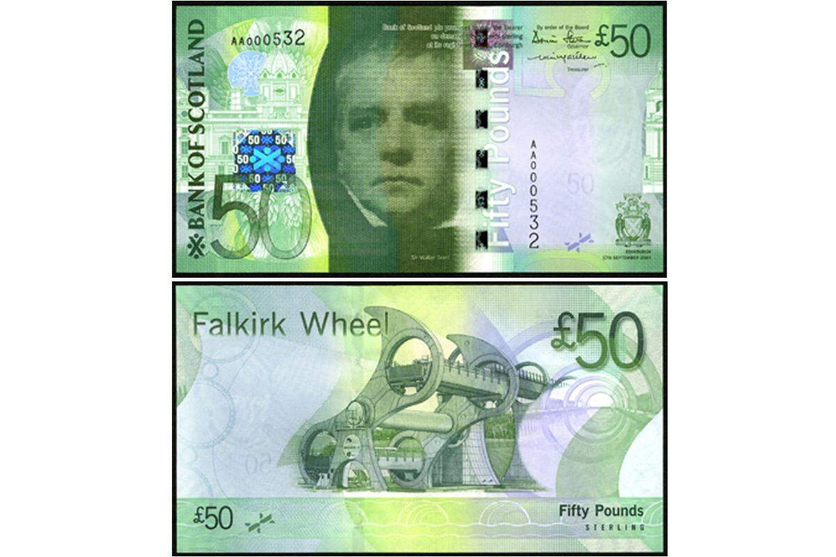 Auf der Banknote aus Schottland fällt sofort das Porträt des Dichters Walter Scott auf. Noch auffälliger ist aber die Rückseite mit dem "Falkirk Wheel", einem modernen Schiffshebewerk nahe der schottischen Stadt Falkirk.
