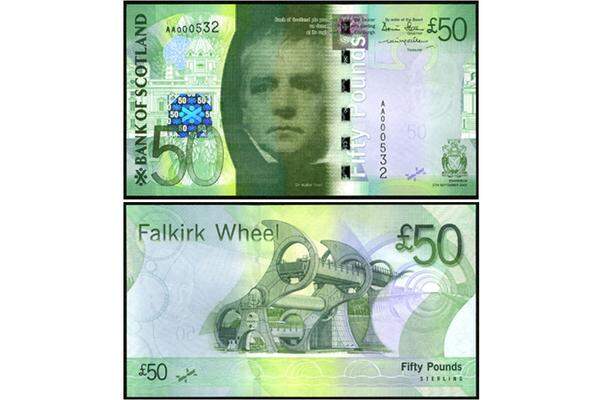 Auf der Banknote aus Schottland fällt sofort das Porträt des Dichters Walter Scott auf. Noch auffälliger ist aber die Rückseite mit dem "Falkirk Wheel", einem modernen Schiffshebewerk nahe der schottischen Stadt Falkirk.