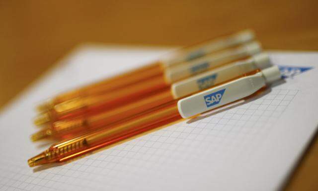 Pens with the logos of SAP are pictured before the company´s annual general meeting in Mannheim