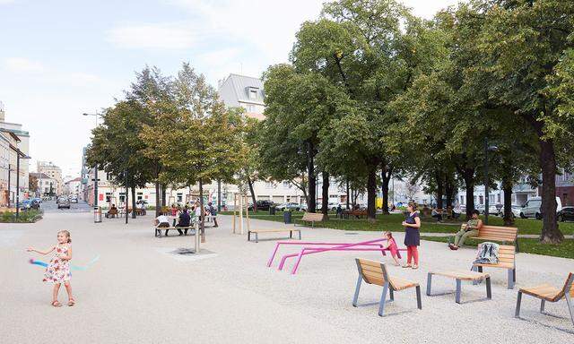 Der Johann-Nepomuk-Berger-Platz vor seiner Umgestaltung (links) und danach: Im Herzen von Ottakring zeigt sich hier, dass Landschaftsarchitektur städtischen Raum klimafit gestalten kann.