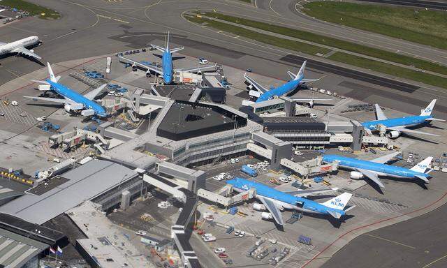 KLM aircraft are seen on the tarmac at Schipol airport near Amsterdam