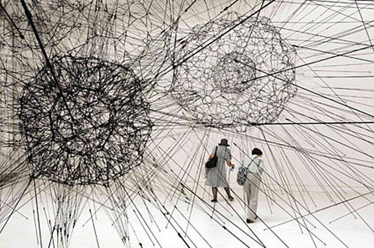 Tomas Saraceno hat mit "Galaxy Forming along Filaments, like Droplets along the Strands of a Spider's Web" eine begehbare Skulptur geschaffen, die den Besucher sowohl beim Eintreten als auch beim Versuch des Verlassens der Schau wie ein Spinnennetz gefangen hält.