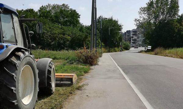 Land trifft Stadt: "An den alten Schanzen" heißt die Straße auf dem Weg zum ehemaligen Flugfeld Aspern - im Hintergrund taucht plötzlich die Seestadt auf.