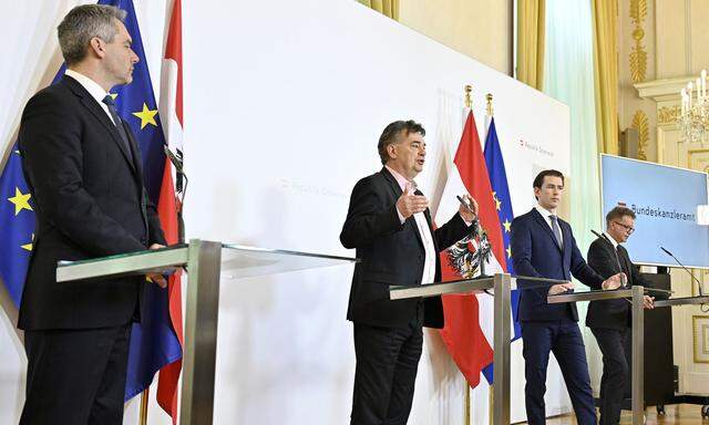  Innenminister Karl Nehammer (ÖVP), Vizekanzler Werner Kogler (Grüne), Bundeskanzler Sebastian Kurz (ÖVP), Gesundheitsminister Rudolf Anschober (Grüne)