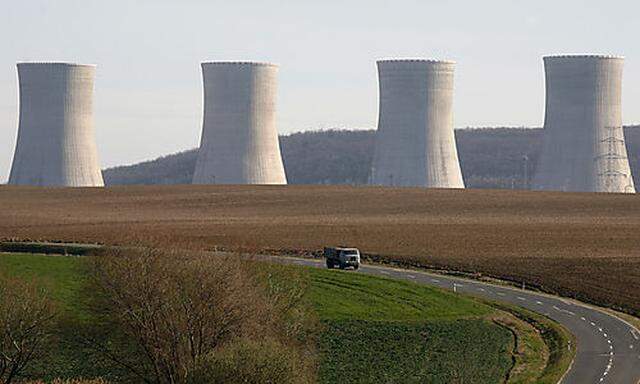 The cooling towers of the unfinished blocks 3 and 4 of the Nuclear Power Plant Mochovce some 160 km (