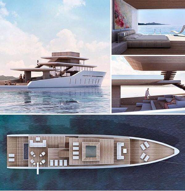 Der Entwurf, auch "Skelett-Yacht" genannt, besteht aus mehreren Terrassen, die durch freie Treppen miteinander verbunden sind.