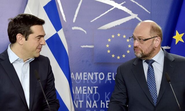 Greek Prime Minister Tsipras gives a statement with Schulz, President of the European Parliament, at the European Parliament in Brussels