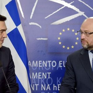 Greek Prime Minister Tsipras gives a statement with Schulz, President of the European Parliament, at the European Parliament in Brussels