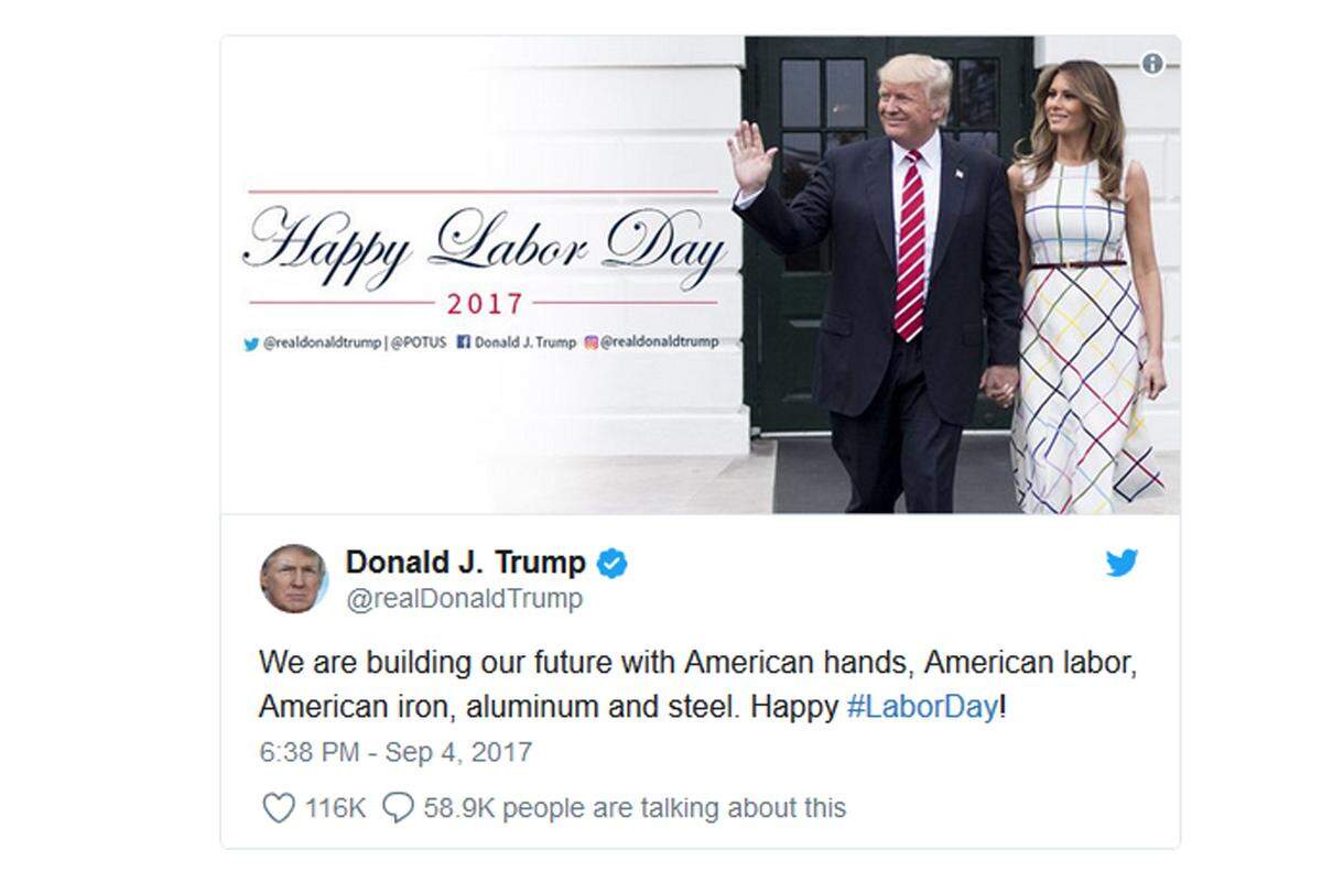 Und auch das hätte man vielleicht überdenken können: Donald Trump twitterte zum Labour Day: "Wir bauen unsere Zukunft mit amerikanischen Händen, mit amerikanischer Arbeit und mit amerikanischem Eisen, Aluminium und Stahl." Auf dem Foto trägt seine Ehefrau allerdings ein Kleid der griechischen Designerin Mary Katrantzou, das in Italien gefertigt wurde.