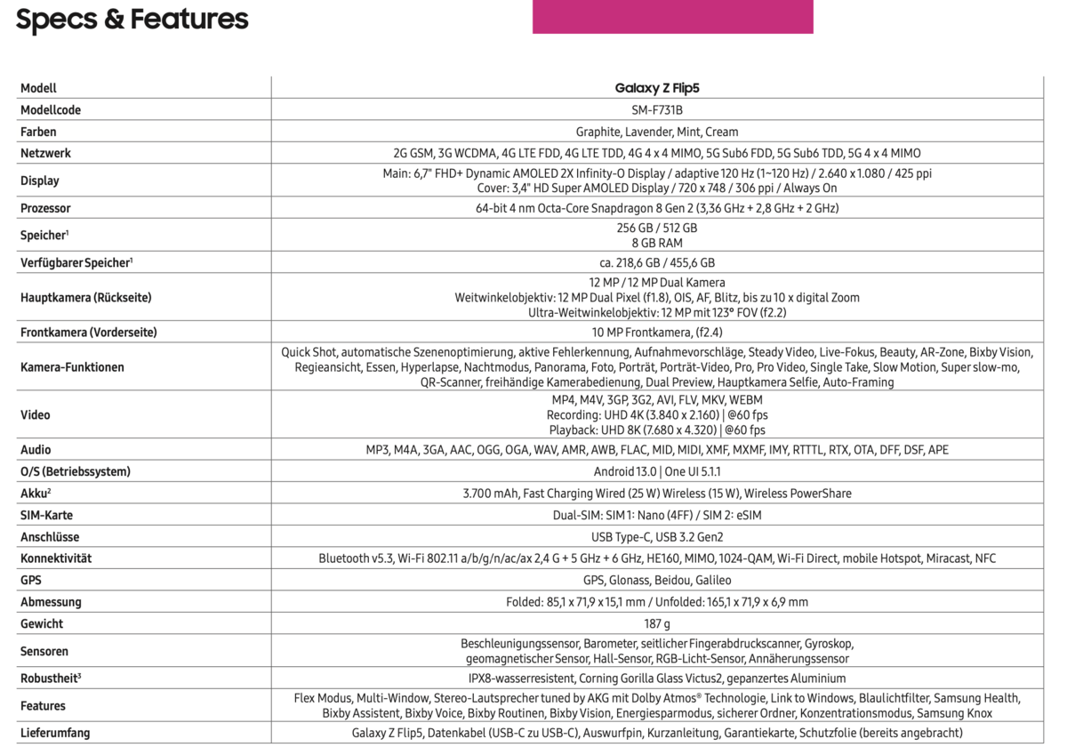 Die technische Ausstattung des Galaxy Z Flip 5 im Überblick. 
