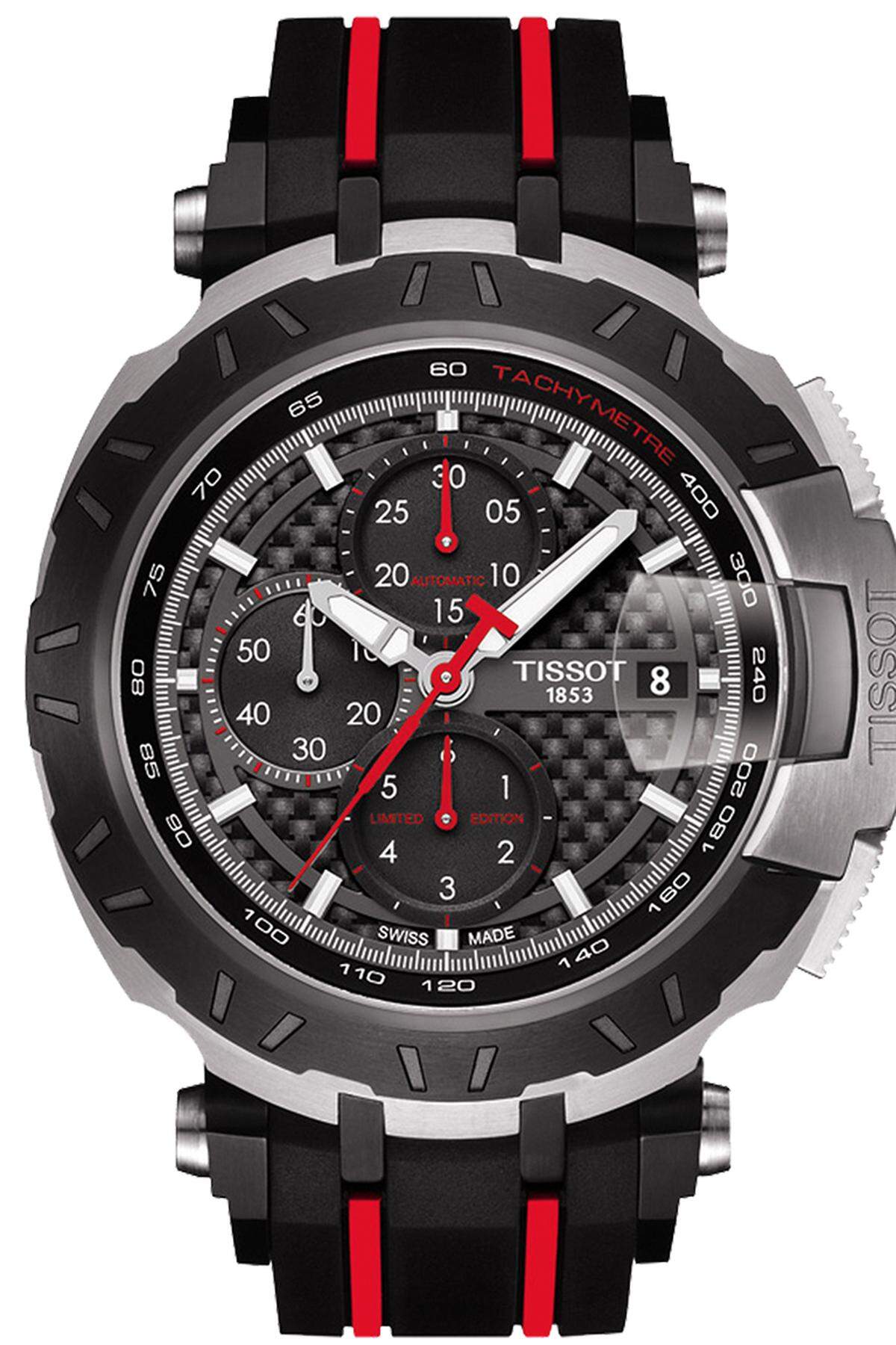 Tissot ist seit Jahren fest im Motorradsport verankert. Auch das 43-mm-Sondermodell 2016 im Look einer massiven Scheibenbremse inklusive Bremsbacke zollt dem wieder Tribut. Motor ist ein mechanisches ETA-Chronografenkaliber.  