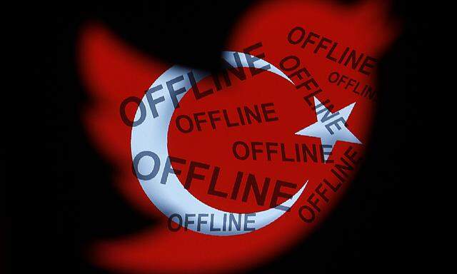 A Turkish national flag with word offline is seen through a Twitter logo in this photo illustration taken in Zenica
