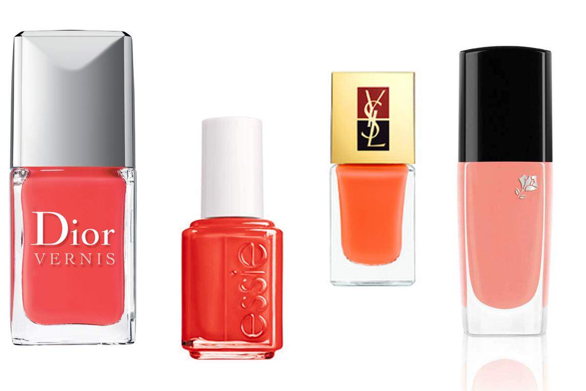 Nichts hellt die Stimmung so auf wie diese orange-sonnigen Sorbet-Farben. "Riviera" von Dior, "It's obvious" von Essie, kräftiges Orange aus der "Manucure Couture"-Kollektion von Yves Saint Laurent sowie "Rose Tangerine" von Vernis in Love von Lancôme.