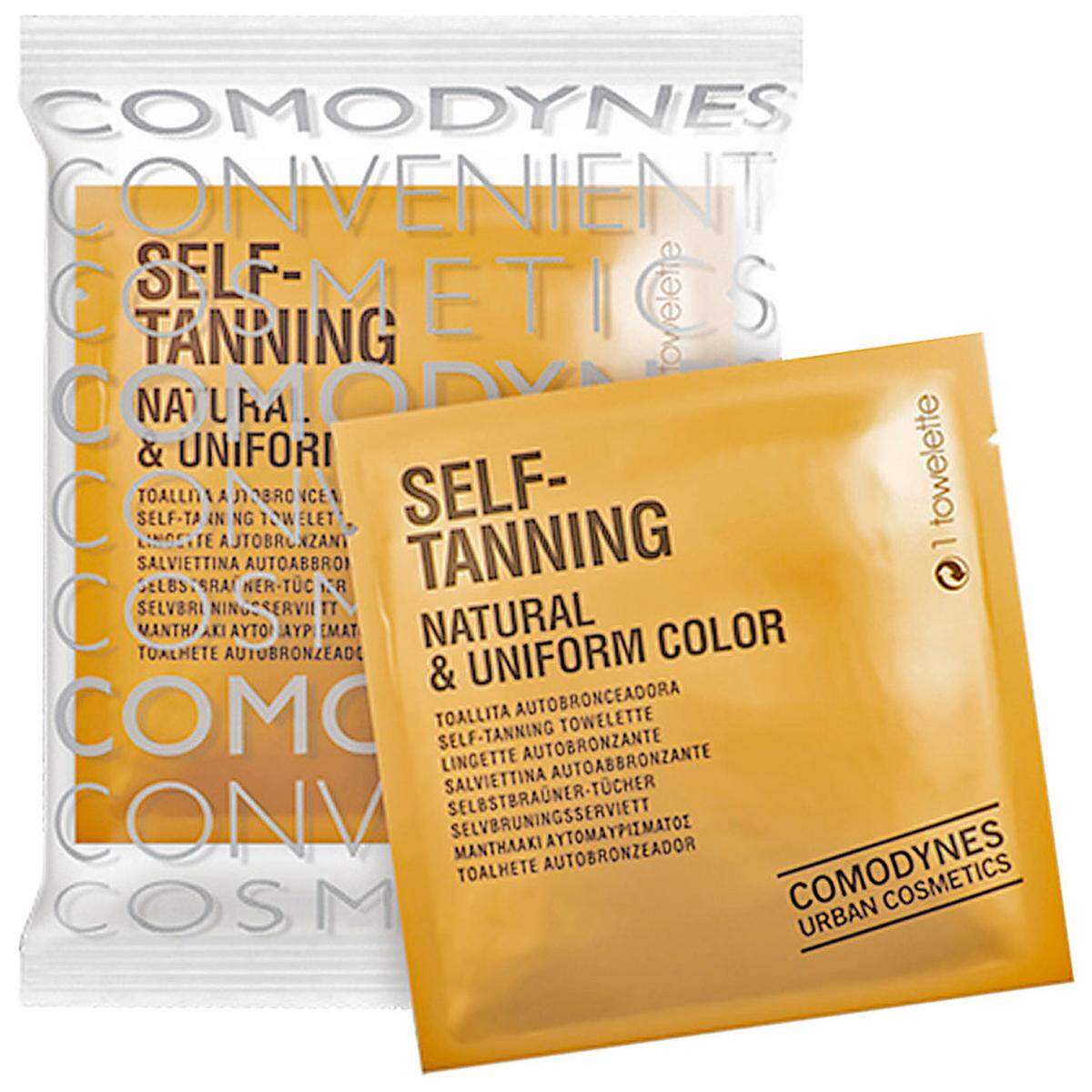 Die Self-Tanning-Towels von Comodynes wendet man wie Feuchttücher an, acht Stück gibt es um 12, 95 Euro.