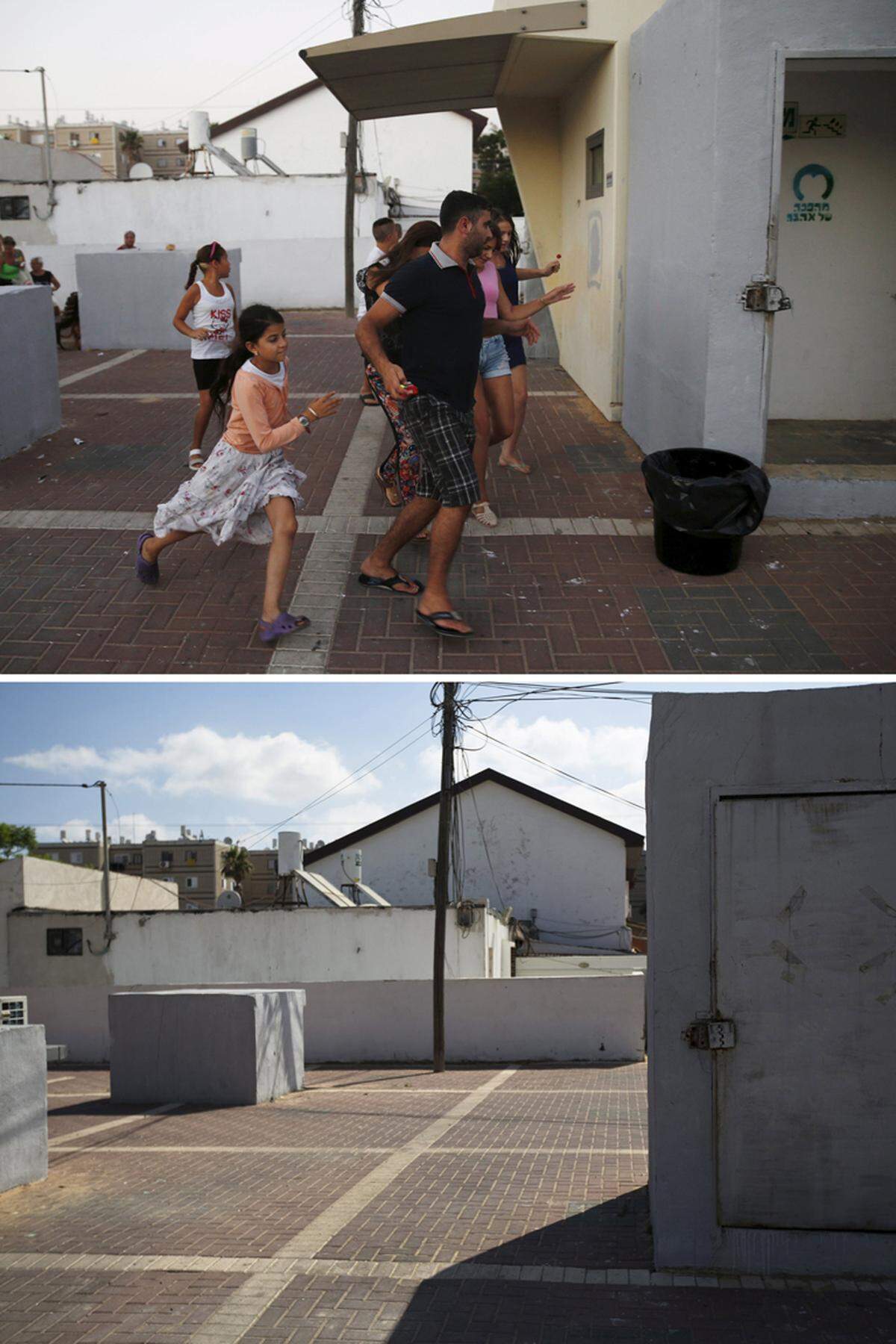 Ein Raketenalarm am 9. Juli 2014 in der israelischen Stadt Ashkelon. Eine Familie läuft in Richtung Schutzbunker, darunter der Ort ein Jahr später fotografiert.