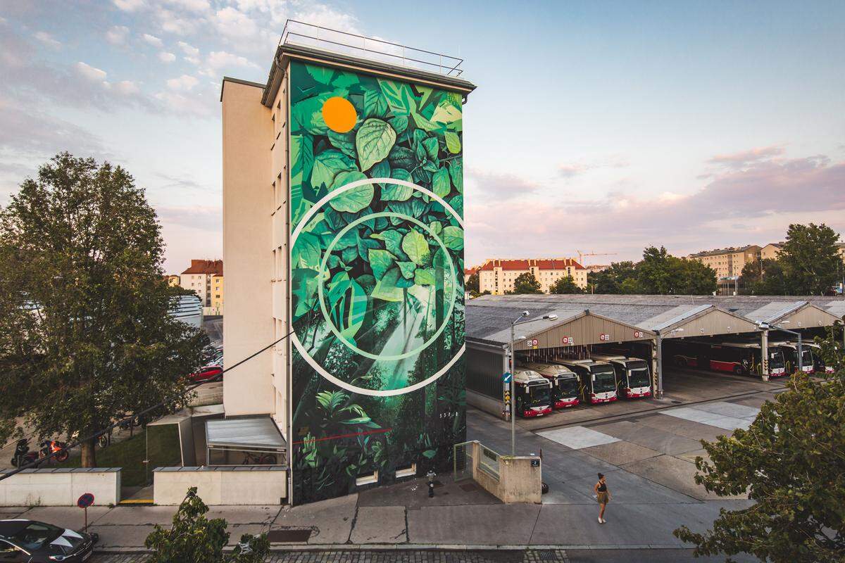 Der Street-Art-Künstler Fabio Petani hat ebenso eine Fassade bemalt. Sein Motiv an der Wand der Busgarage Spetterbrücke in Ottakring zeigt einen Wald, der für die Umweltfreundlichkeit des öffentlichen Verkehrs stehen soll. Blickt man über den "großen Teich" nach Amerika so finden sich ebenso zahlreiche farbenfrohe Murals, die Symbolcharakter haben...