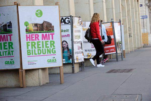 Vor den Universitäten ist es bunt geworden. Die ÖH-Fraktionen haben ihre Plakate in Position gebracht. Von 14. bis 16. Mai sind die Studierenden dazu augerufen, zur Wahl zu gehen.