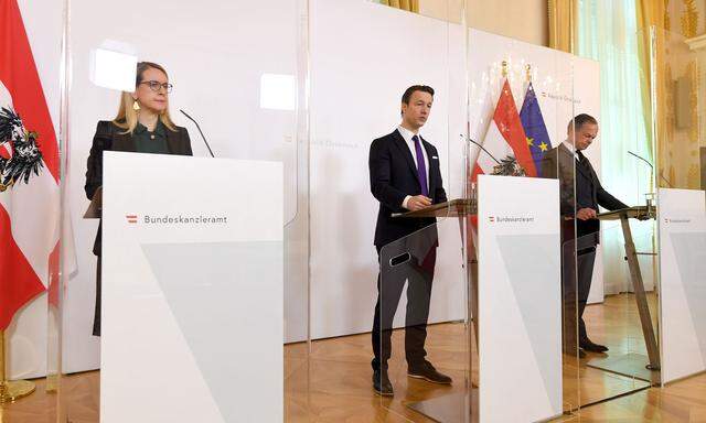 Wirtschaftsministerin Margarete Schramböck (ÖVP), Finanzminister Gernot Blümel (ÖVP) und Andreas Treichl (Obmann der Bundessparte Bank und Versicherung der WKÖ)