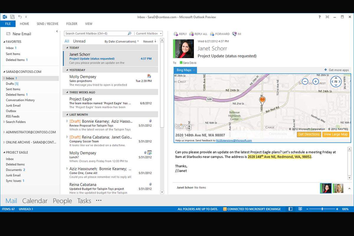 Entwickler dürfen für die neuen Office-Programme zusätzliche "Apps" schreiben - früher hätte man wohl Plug-In oder Add-On gesagt. Diese kleinen Erweiterungen sollen später in einem eigenen App Store zur Verfügung stehen. Eine davon ist zum Beispiel Bing Maps, das dafür sorgt, dass Adressen in E-Mails direkt auf einer Karte angezeigt werden.