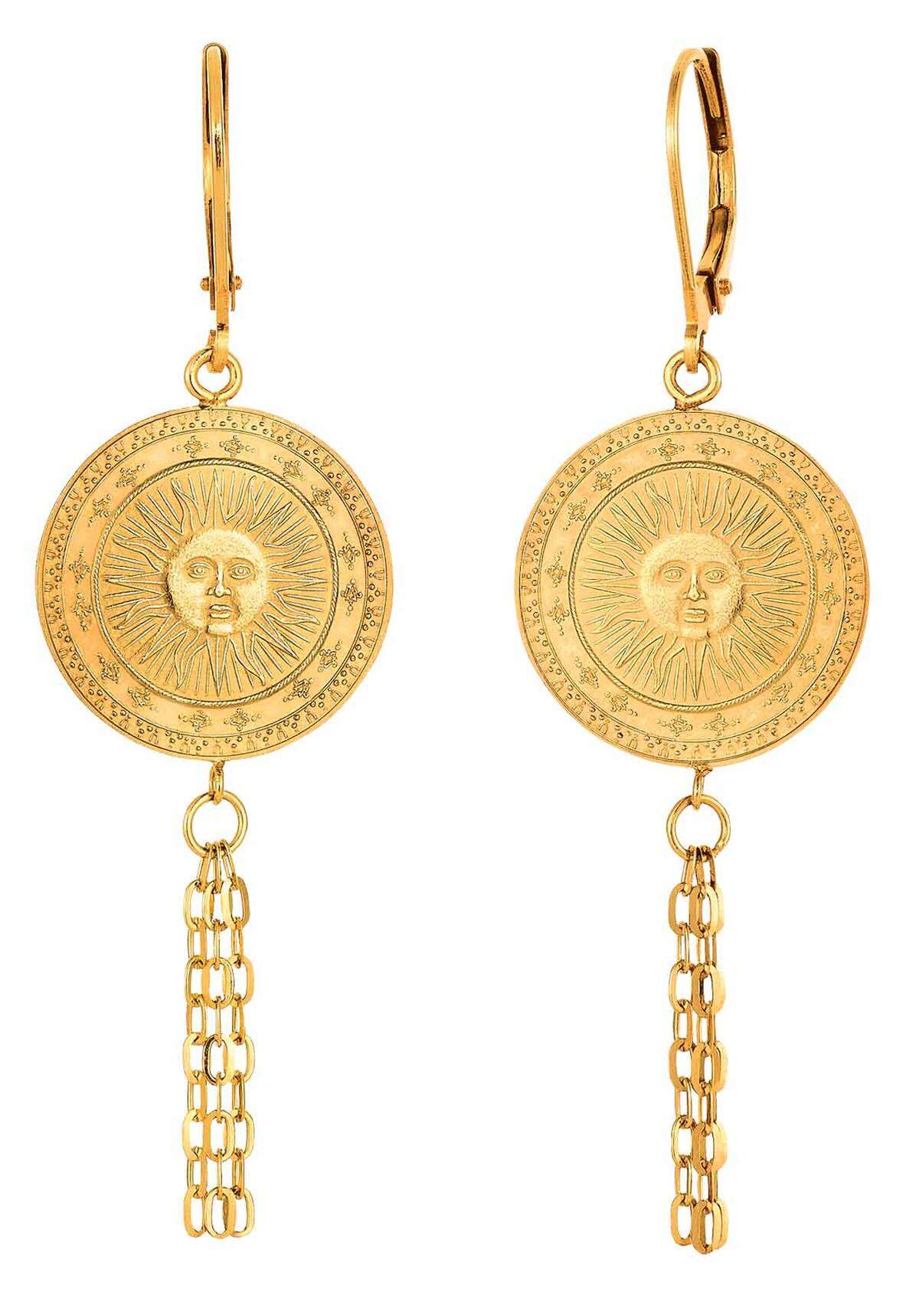 Für die Kollektion "Wachgeküsst" kooperierte die Münze Österreich mit Dorotheum Juwelier. Das Sonnenmotiv dieser Ohrgehänge beruht auf einem alten Stempel.