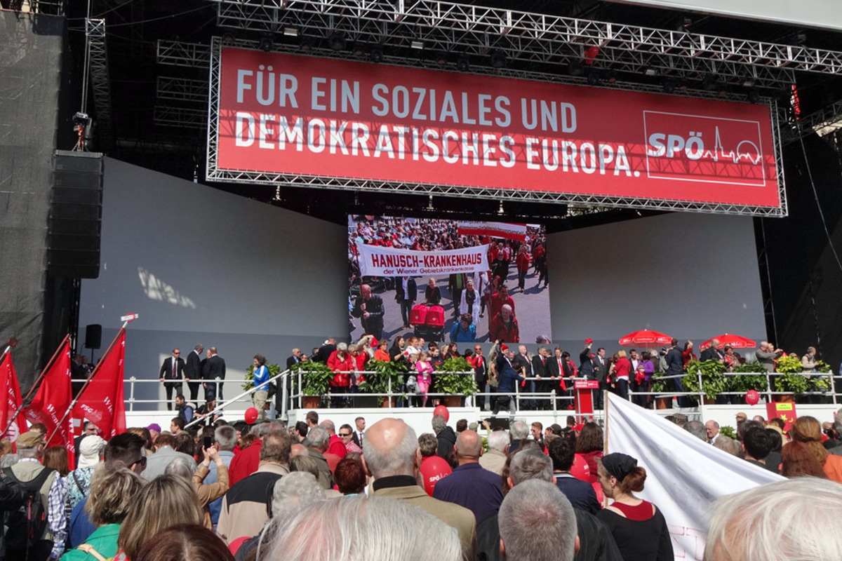 Das offizielle Motto des diesjährigen Mai-Treibens lautet: „Für ein soziales und demokratisches Europa. Wien leben. Wien lieben. SPÖ."