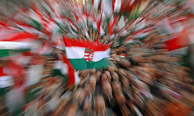 A zoomed photo of supporters of Hungarys main, right wing opposition party waving national flags as 