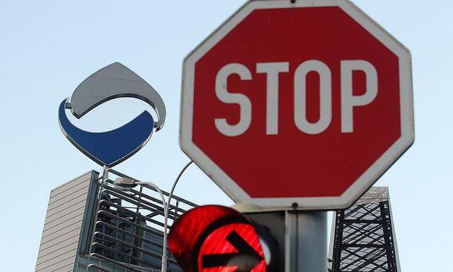 The headquarters of nationalised Hypo Alpe Adria is pictured behind a traffic sign in Klagenfurt