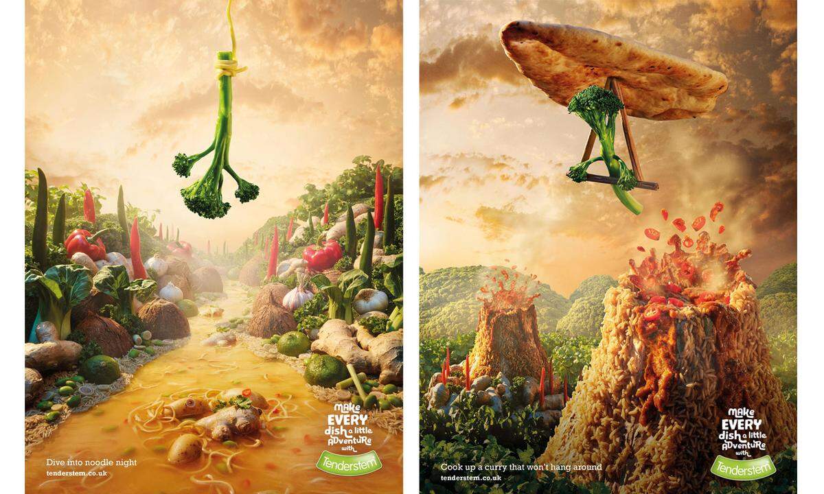 In Großbritannien hat sich eine farbenfrohe Kampagne ganz dem Broccolini, dem kleinen Bruder des Brokkoli gewidmet. Der (hierzulande eher unbekannte) Star der Werbung landet in Gemüselandschaften und Nudelvulkanen.