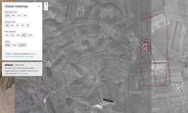 Strava zeigt auf seiner "Heat-Map" starke Lauf-Aktivität in einer wenig bewohnten Gegend in Syrien.