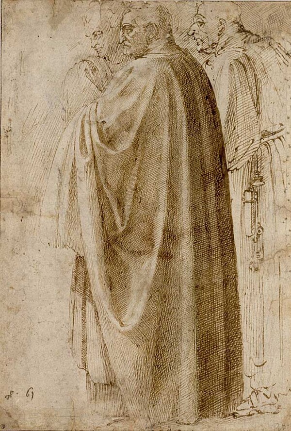 Um Werkgruppen geschlossen darstellen, ihre Dimensionen veranschaulichen oder ihren Entstehungsprozess dokumentieren zu können, hat sich die Ausstellung bei nicht verleihbaren oder gänzlich verlorenen Werken auch an Kopien oder Abgüssen bedient. Im Bild: Drei stehende Männer in weiten Mänteln, um 1492-96 © Albertina, Wien