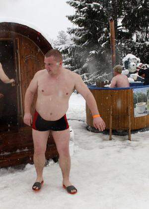 People visit a mobile sauna during the European Sauna Marathon in Otepaa