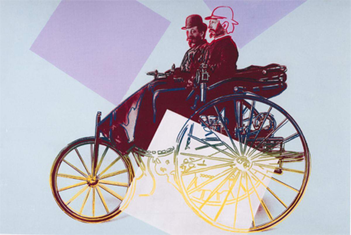 Andy Warhols Serie von 1986/87 darf zu den Höhepunkten im späten Werk des Pop-Künstlers gezählt werden. Andy Warhol Karl Benz mit seinem kaufmännischen Mitarbeiter Josef Brecht auf dem Benz Patent Motorwagen, 1886 1986, Siebdruck, Acryl auf Leinwand 