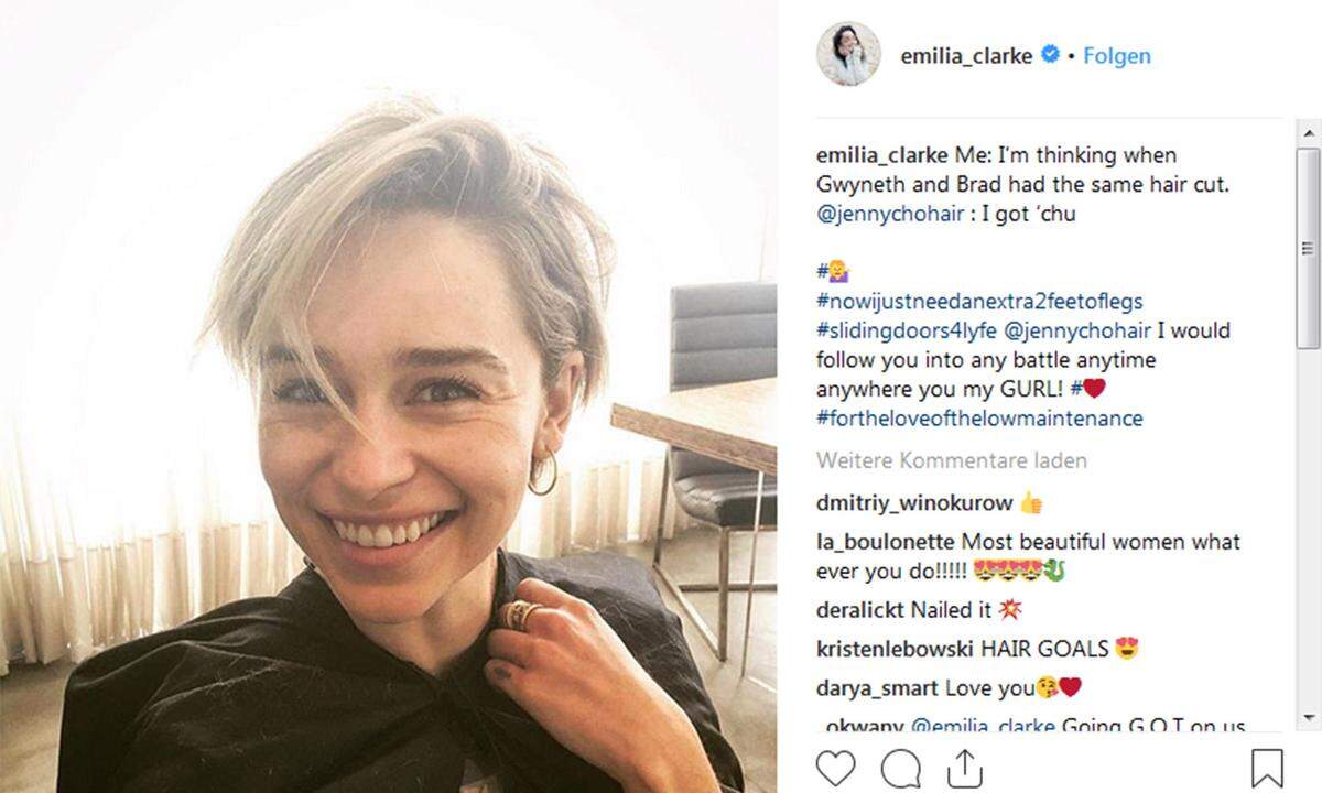 Emilia Clarke ließ ihre ohnehin schon kurzen Haare zu einem frechen Pixie Cut schneiden. Für ihre Frisur hatte die Schauspielerin auch gleich einen eigenen Namen parat: Der „Gwyneth-und-Brad-Gedächtnislook“ .