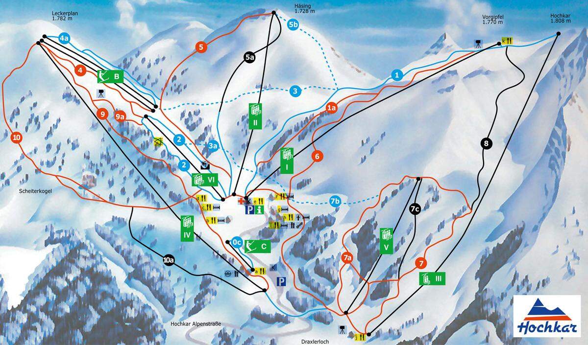 Der blaue Almhang (Nummer 2) wird im Skigebiet Hochkar von 18 bis 21 Uhr beleuchtet. An welchen Tagen die Piste hell ist, wird online gelistet. Die Anfahrt beträgt allerdings ca. 2 Stunden. 