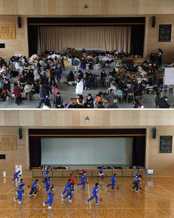 Der Turnsaal einer Schule in Rikuzentakata in der Präfektur Iwate am 12. März 2011 (oben) und am 7. März 2013.