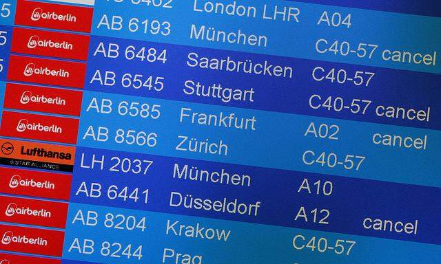 Board shows canceled Air Berlin flights at Tegel airport in Berlin