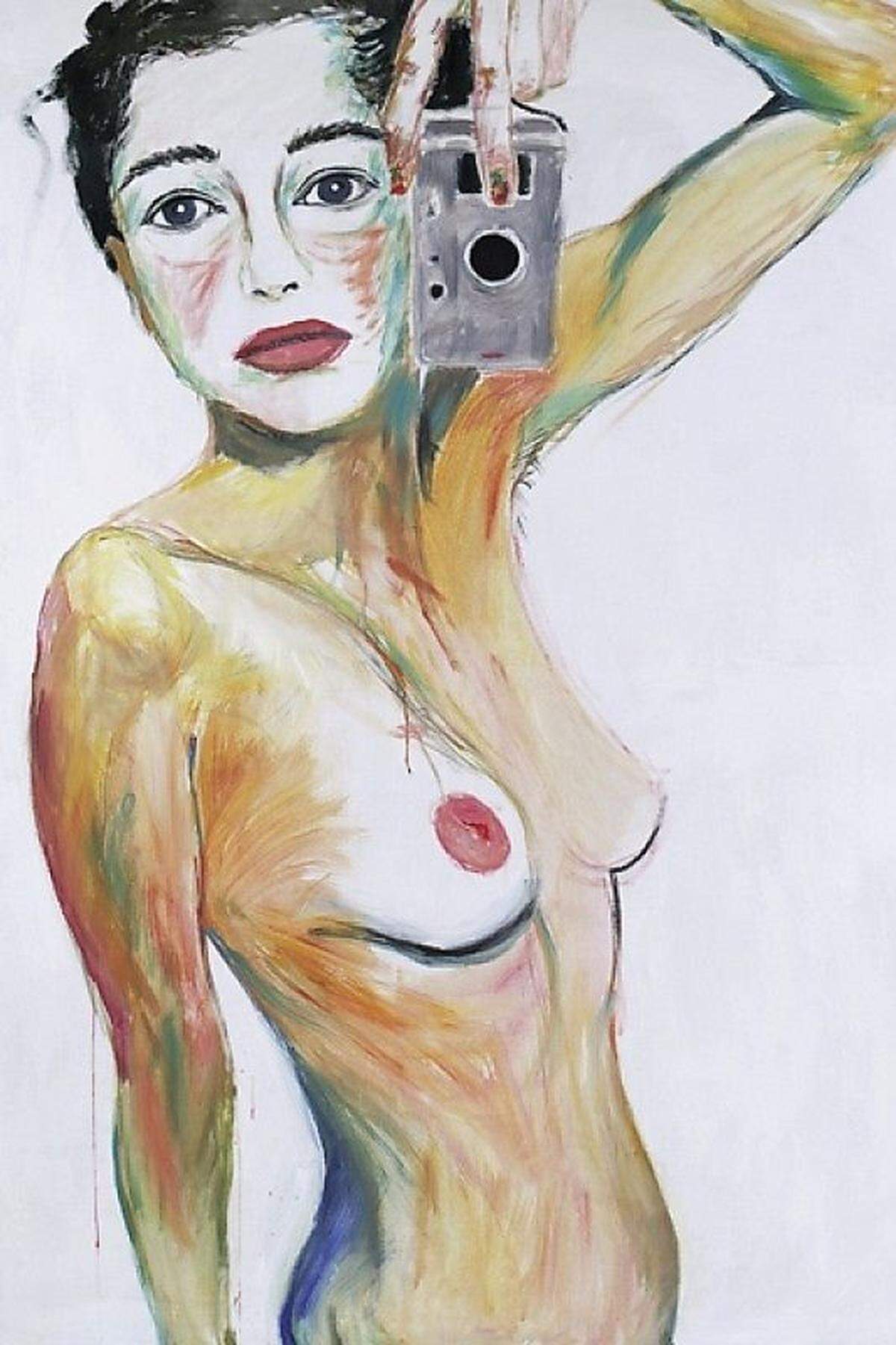 Auch die Wiener Künstlerin Elke Krystufek bildet sich gerne selbst ab. Die 44-Jährige gilt als "Selfie"-Vertreterin der zeitgenössischen Kunst. In ihren Selbstakten macht sie sich selbst zur Kunstfigur und hebt damit die klassischen Gegensätze von Privatsphäre und Öffentlichkeit aus den Angeln.  Elke Krystufek: „Imperial Palace – Las Vegas“, 1999, Acryl auf Leinwand. 