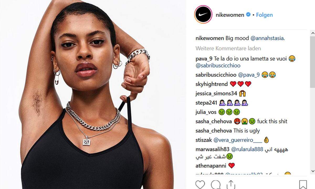 Eigentlich sollten ein paar Haare in den Achseln von Frauen keine großartige Sensation mehr sein. Wie kontrovers das Thema nach wie vor diskutiert wird, zeigt ein Werbefoto, das die Firma Nike auf Instagram postete. Darauf zu sehen: Model Annahstasia Enuke in Sport-BH und mit etwas haarigem Flaum unter den Achseln. Grund genug für einige User, abfällige Kommentare abzusetzen: „Das ist widerlich.“, "Schrecklicher PR-Move.“ „Gebt der Frau einen Rasierer“ oder „Ich kann dieses Foto förmlich riechen“.