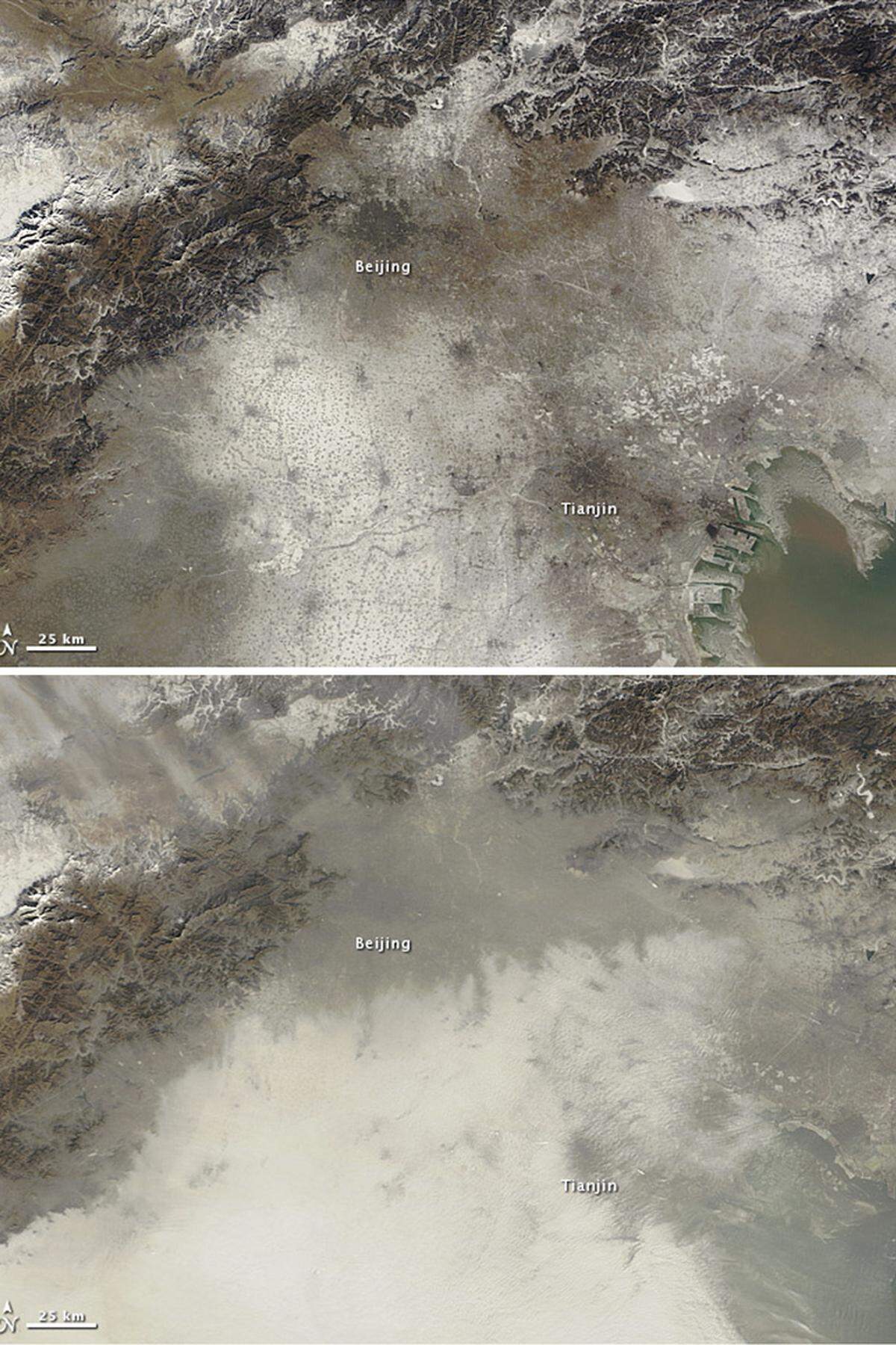 Smog in der Region von Peking - diese Fotokombination aus NASA-Bildern zeigt Bilder vom 3. Jänner (oben) und vom 14. Jänner (unten) im Jahr 2013.