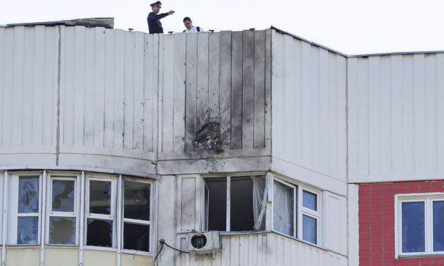 RUSSIA, MOSCOW - MAY 30, 2023: Damage from a drone strike on an apartment block in the town of Moskovsky, southwestern M