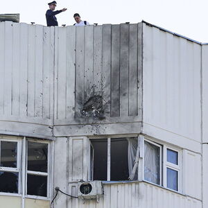 RUSSIA, MOSCOW - MAY 30, 2023: Damage from a drone strike on an apartment block in the town of Moskovsky, southwestern M