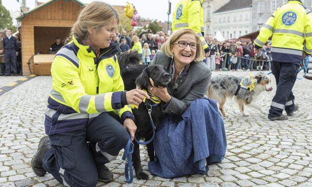 Hände schütteln, Hunde streicheln, lächeln. Johanna Mikl-Leitner mit einem Hund der Rettungshundestaffel beim Retzer Weinlesefest. 