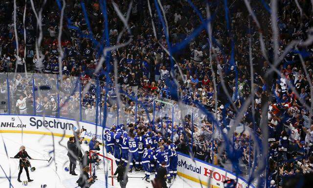 TAMPA, FL - JULY 07: Tampa Bay Lightning players celebrate after winning the 2021 Stanley Cup Final between the Montrea
