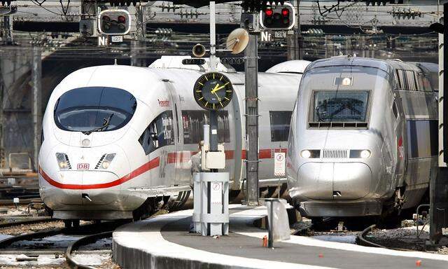 File photo of two high-speed trains, the German ICE 3 and French TGV train at the Paris Gare de l'Est railway station