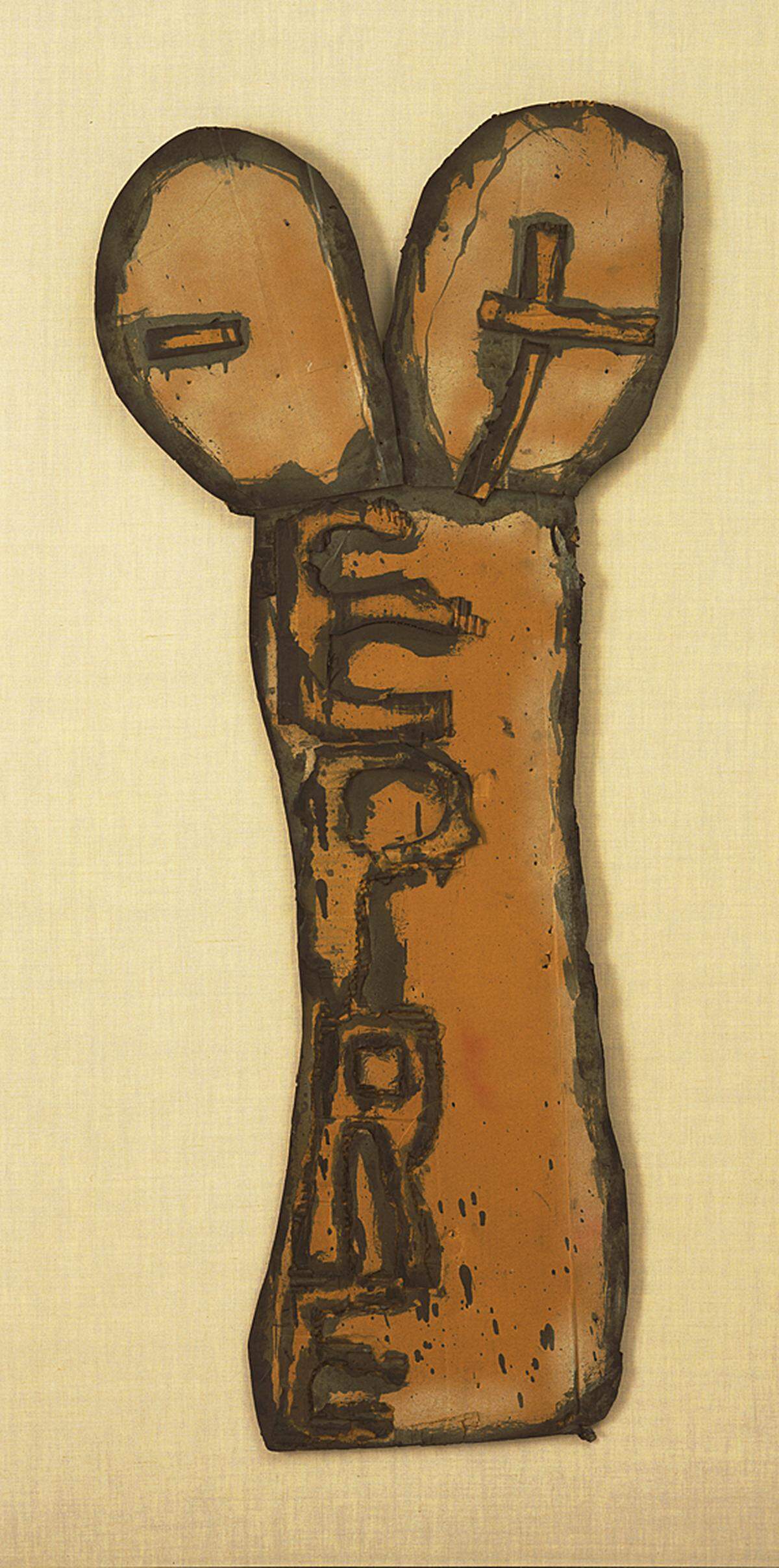 Dass diese fragilen Arbeiten überhaupt transportiert werden konnten, ist langer Arbeit durch Restauratoren zu verdanken. Die Materialien stammen von der Straße und hätten ihn damals "nicht viel gekostet", sagt Oldenburg. "Ich hatte ja nicht viel."  Claes Oldenburg: "EMPIRE Sign – with 'M' and 'I' Deleted", 1960, Courtesy MoMA, New York (c) Claes Oldenburg