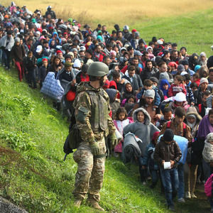 Refugees walking Rigonce Croatia 23 10 2015 Brezice Slovenia About 1500 refugees walk from t