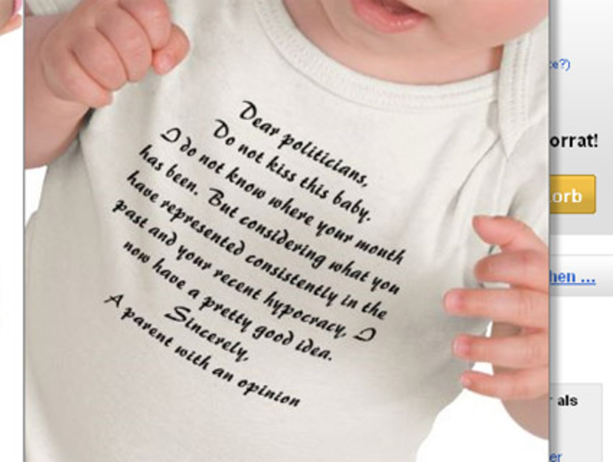 Für Eltern, die vermeiden wollen, dass ein Politiker zwecks Imagepolitur den Nachwuchs an sich reisst, hat Zazzle.de den passenden Body. Sicher ist sicher.