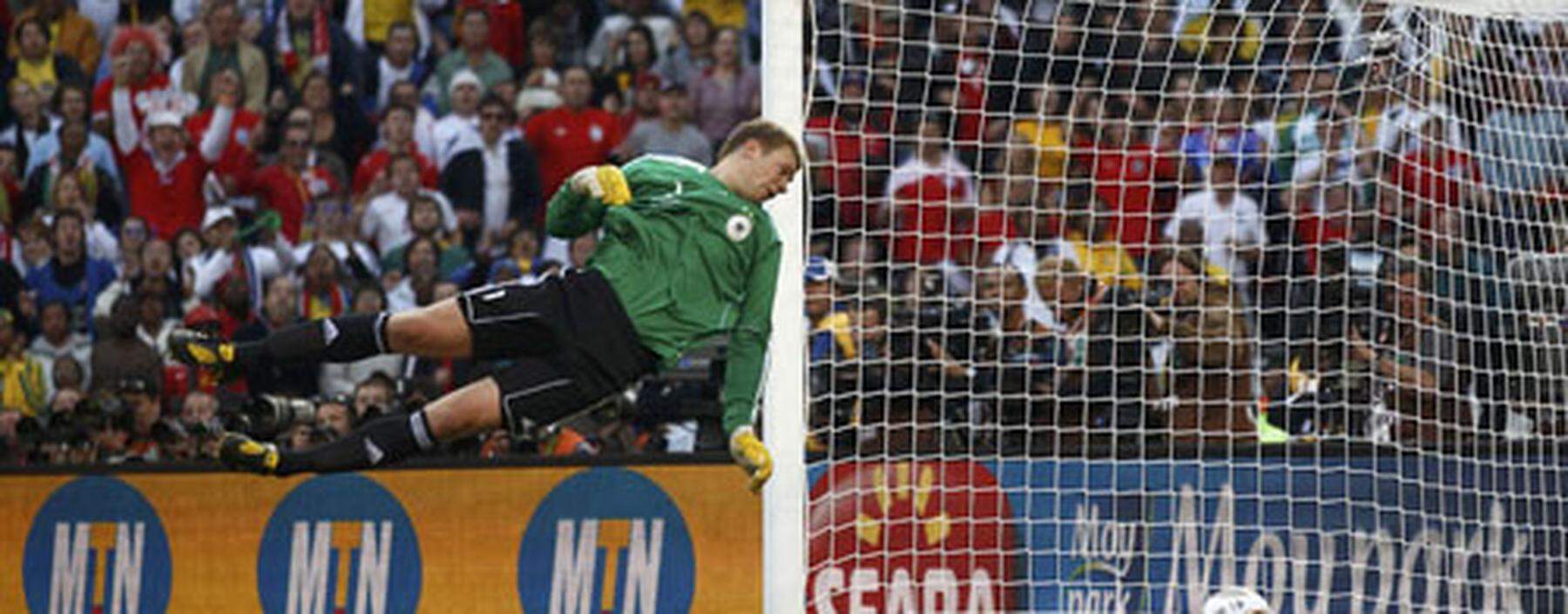 Germany´s goalkeeper Neuer fails to save a shot by England´s Lampard during a 2010 World Cup second round soccer match at Free State stadium in Bloemfontein