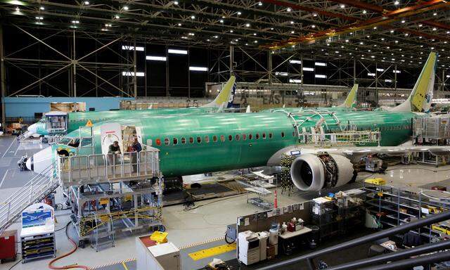 Eine Boing 737-MAX bei der Fertigstellung im Werk 2019. Renton, Washington.